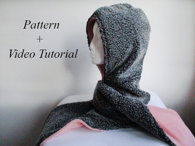 women's faux fur hooded scarf/ fluffy fleece lining head wrap/ warm winter headcover/ PDF sewing pattern (XS - 3XL sizes) with VIDEO TUTORIAL/ for woman and girl