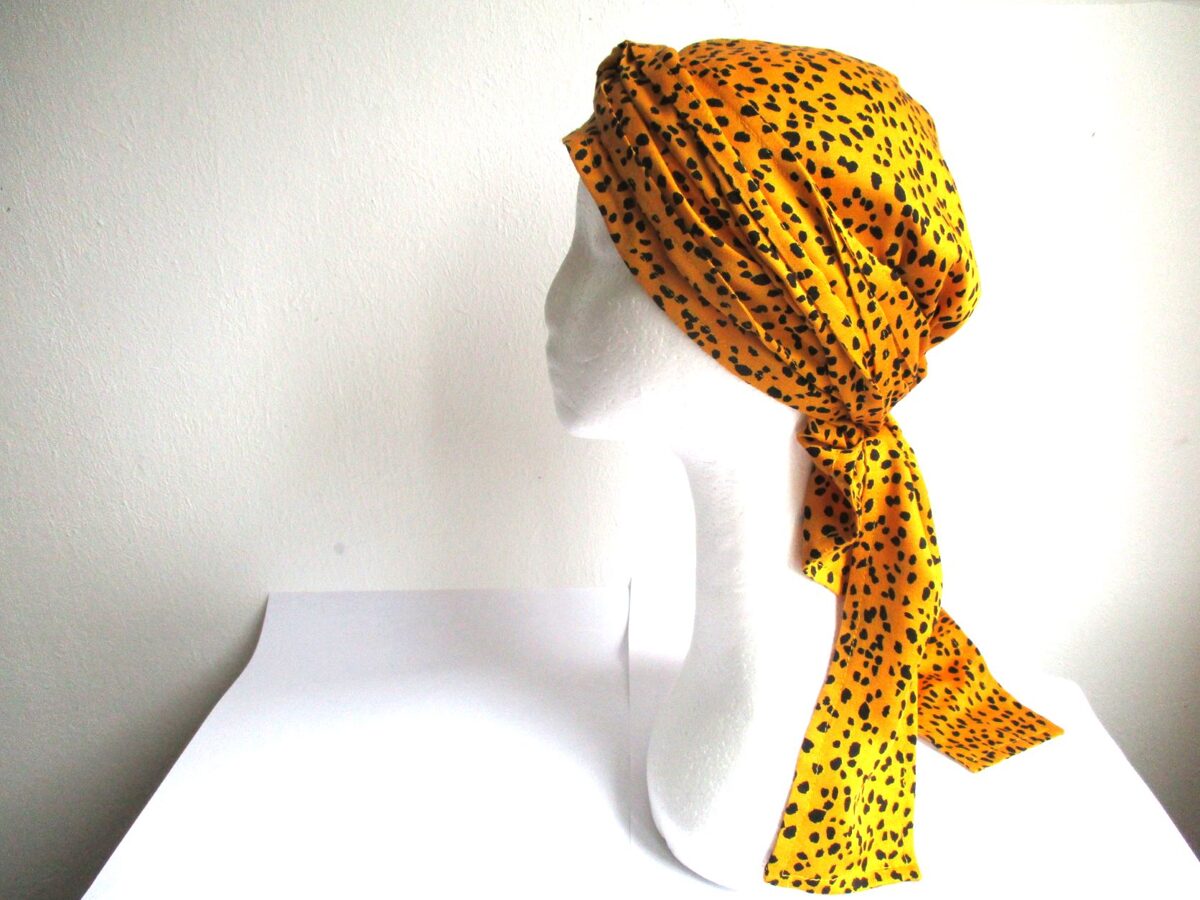 summer soft fabric chemo headscarf with long straps, PDF sewing pattern with a photo tutorial, for women and girls, (7 sizes)