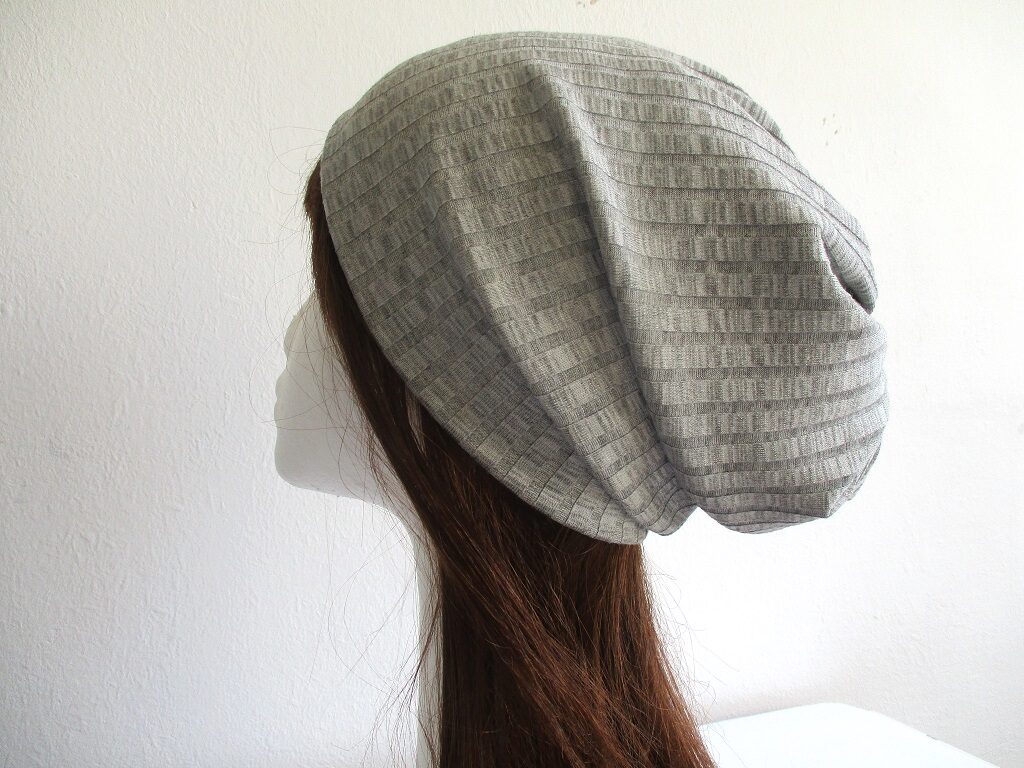 double layer slouchy jersey chemo beanie with gathered top in gray, pdf sewing pattern + photo tutorial, adult to baby, (10 sizes)