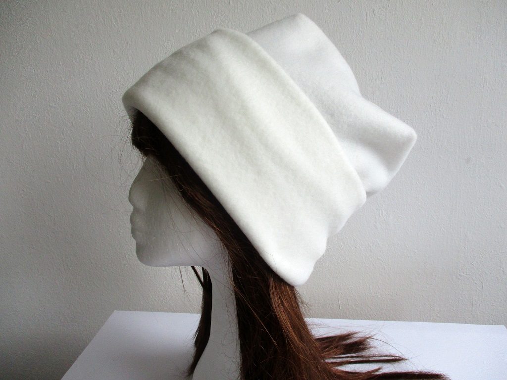 winter fleece beanie with wide roll-up cuff in white, pdf sewing pattern + photo tutorial, for woman and girl, (5 sizes)