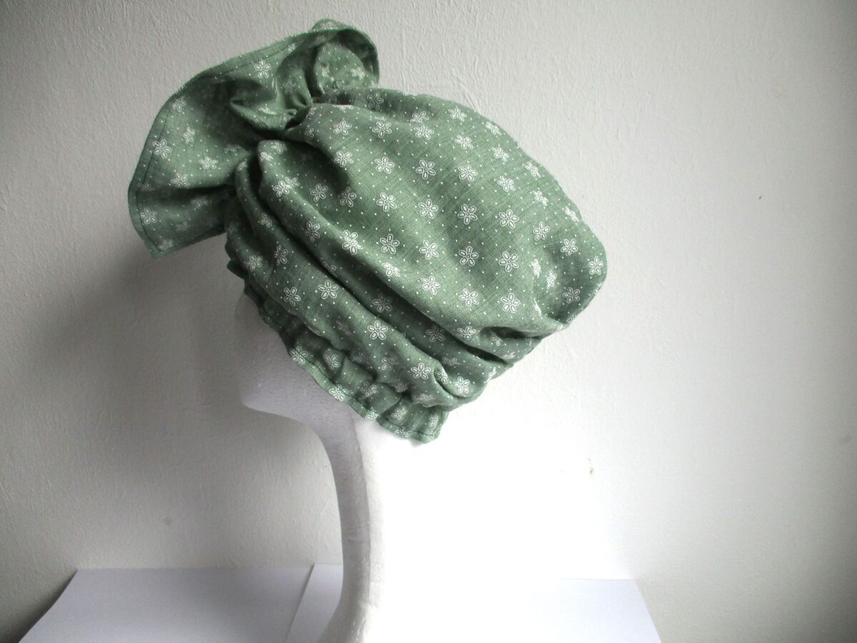 cotton chemo turban/ alopecia hat with ruffles/ hair loss cap with pleats and elastic, sewing pattern PDF + photo tutorial/ for woman and child, (7 sizes)