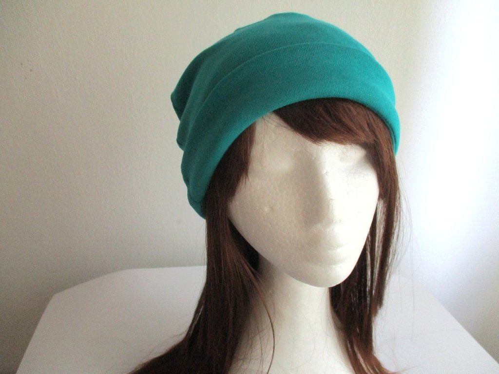 double layer cotton jersey beanie/ soft chemo head cover/ bad hair day hat/ cap with sewn roll-up cuff, pdf sewing pattern and photo tutorial, adult to baby, (8 sizes)