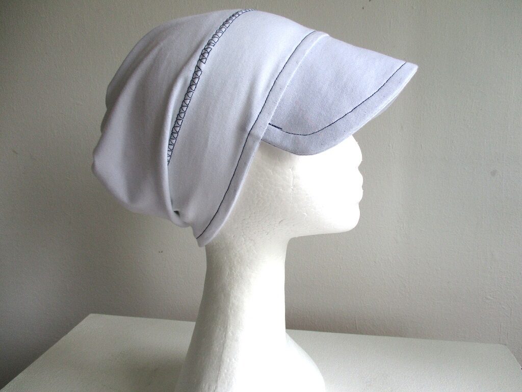 single layer jersey beanie with visor and gathered top in white for chemo, pdf sewing pattern + photo tutorial, adult to baby, (10 sizes)