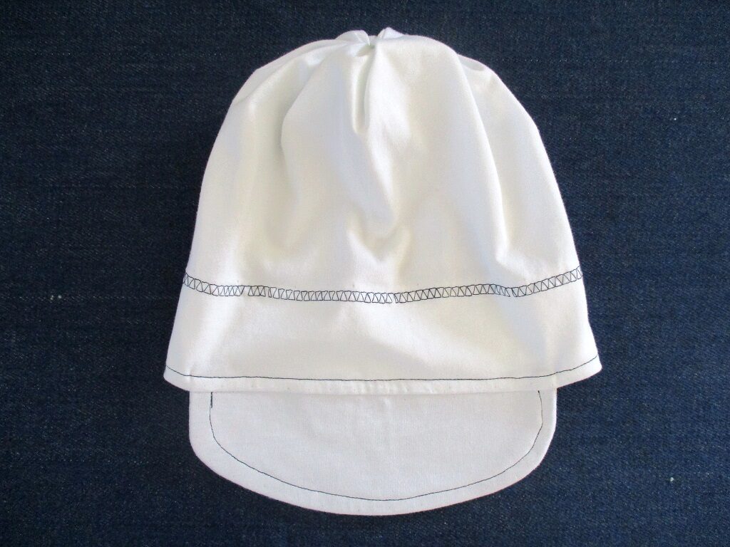 single layer jersey beanie with visor and gathered top in white for chemo, pdf sewing pattern + photo tutorial, adult to baby, (10 sizes)