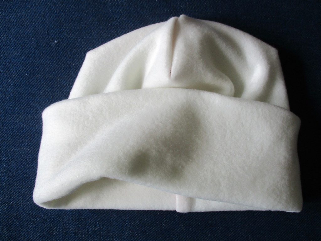 winter fleece beanie with wide roll-up cuff in white, pdf sewing pattern + photo tutorial, for woman and girl, (5 sizes)