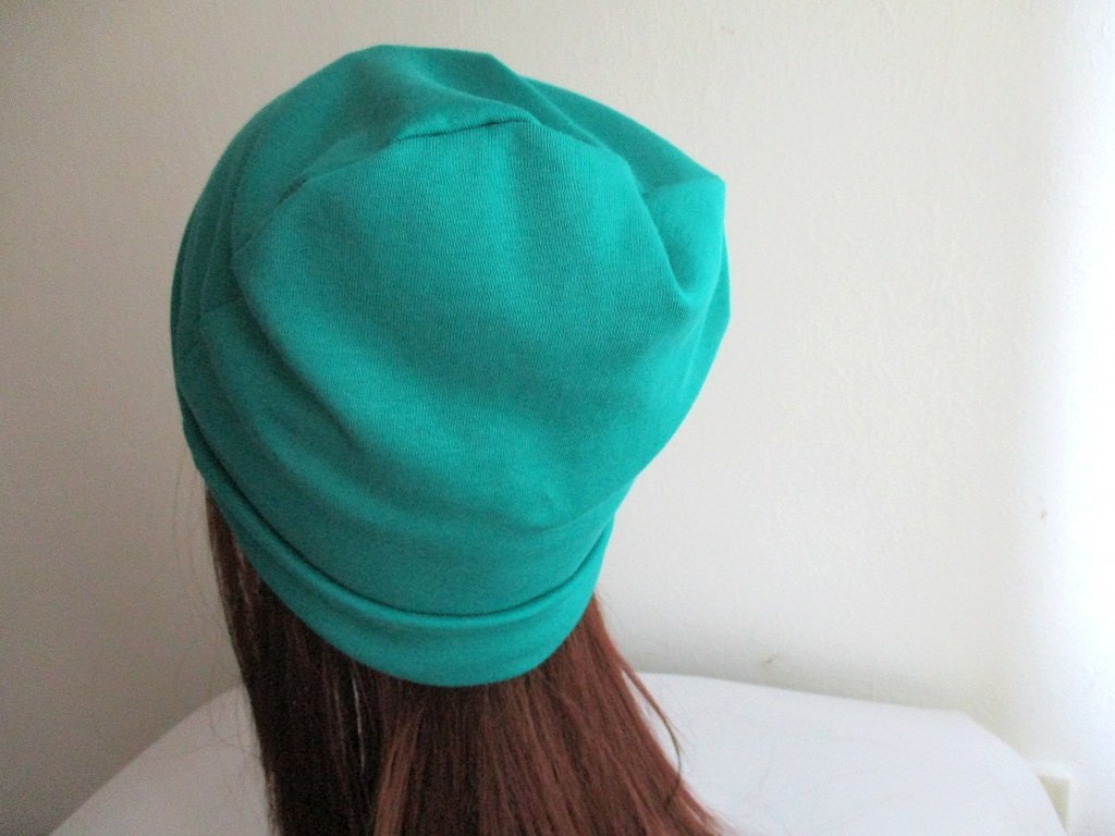 double layer cotton jersey beanie/ soft chemo head cover/ bad hair day hat/ cap with sewn roll-up cuff, pdf sewing pattern and photo tutorial, adult to baby, (8 sizes)