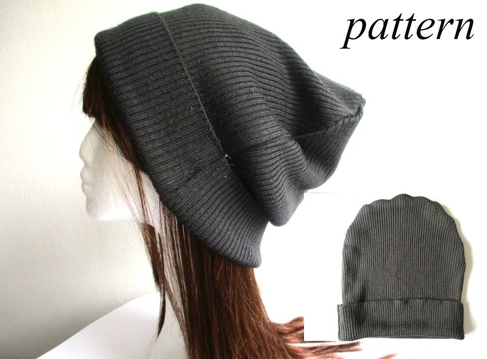 single layer ribbed knit slouchy summer-fall spring beanie hat with roll-up cuff, pdf sewing pattern and photo tutorial, adult to baby, (8 sizes)