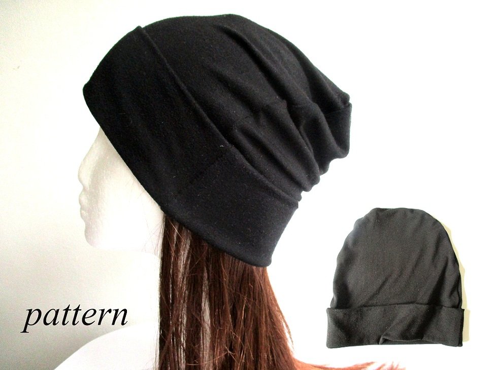 soft jersey fabric summer beanie / single layer chemo head cover / slouchy bad hair day cap / hat with roll up cuff, pdf sewing pattern and photo tutorial, adult to baby, (8 sizes)