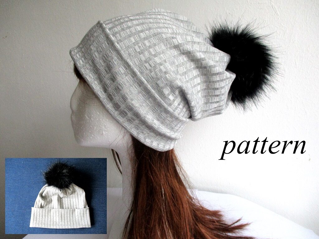slouchy jersey beanie hat with a pom-pom for winter, sewing pattern pdf + photo tutorial, adult to baby, (10 sizes) 