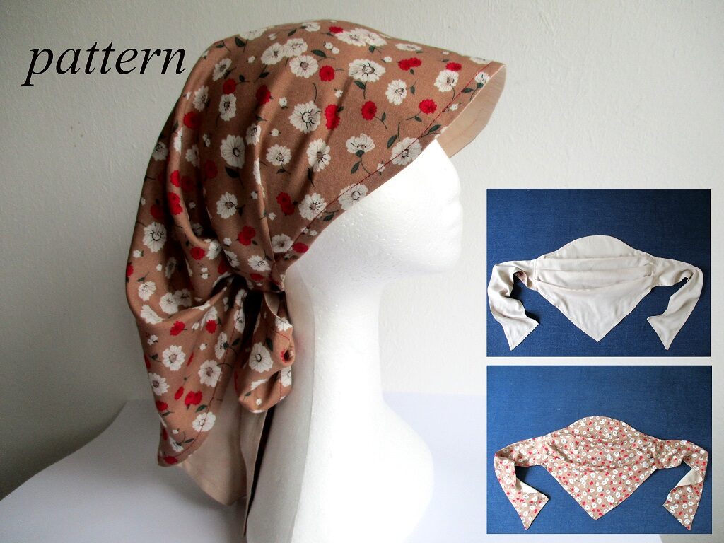 reversible chemo bandana hat/ summer visor scarf/ pleated sun kerchief, sewing pattern PDF + photo tutorial, for woman and girl, (S, M, L, XL sizes)
