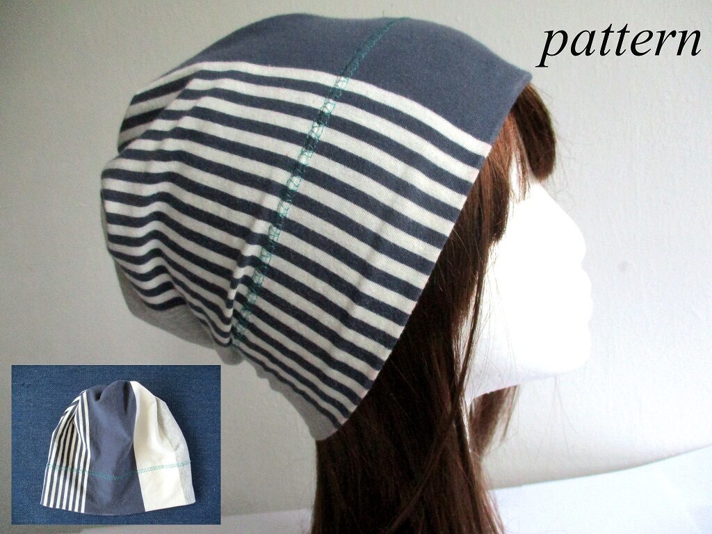 cotton jersey chemo cancer headcover with gathered top in stripes, pdf sewing pattern + photo tutorial, adult to baby, (10 sizes) 