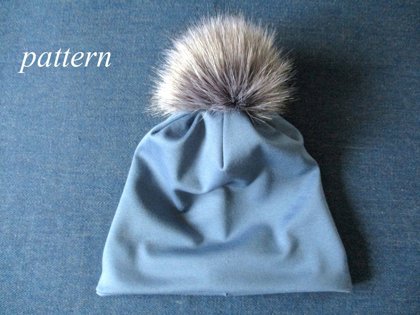 jersey beanie with a faux-fur pom-pom for winter, warm chemo cap, bad hair day hat, pdf sewing pattern and photo tutorial, adult to baby (10 sizes)  