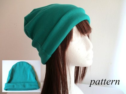 double layer cotton jersey beanie/ soft chemo head cover/ bad hair day hat/ cap with sewn roll-up cuff, pdf sewing pattern and photo tutorial, adult to baby, (8 sizes)