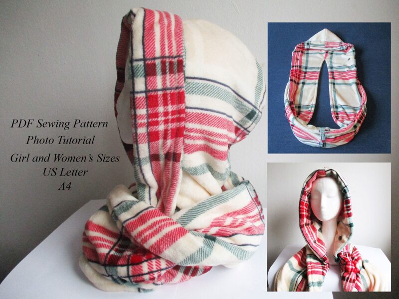 Winter Infinity Plaid Fleece Hood Scarf/ Chemo Headcover/ PDF Sewing Pattern (XS - 4XL sizes) And Photo Tutorial For Beginners in English