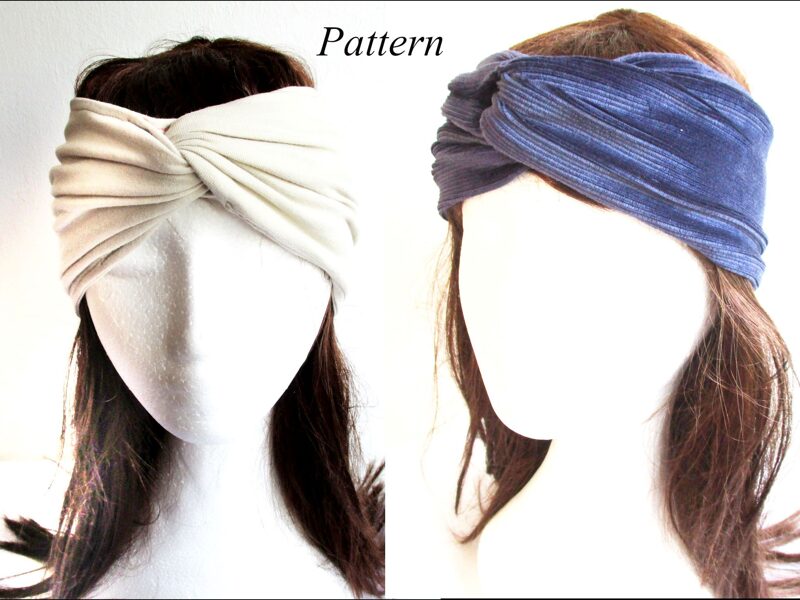 double layer wide (beige) and narrow (blue) turban style jersey headband/ PDF SEWING PATTERN (XS - 2XL sizes) with PHOTO TUTORIAL/ for woman and girl  