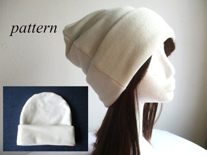 winter jersey-lined fleece beanie hat with roll-up cuff, pdf sewing pattern with a photo tutorial, adult to baby, (8 sizes)