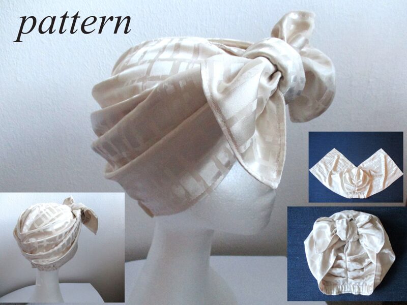 silk chemo turban hat with tie-up straps, sewing pattern PDF + photo tutorial/ for woman and child, (7 sizes)