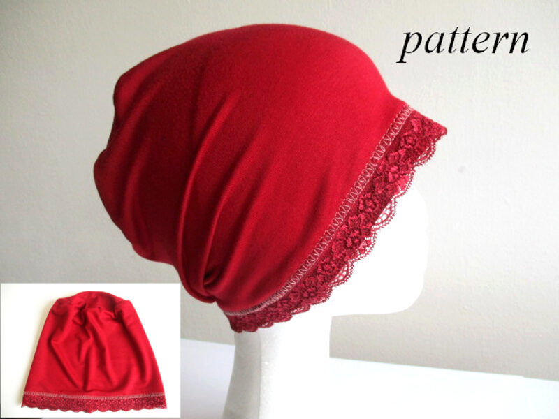 jersey night sleep hat/ a chemo cap/ slouchy lace beanie, sewing pattern pdf + photo tutorial, for woman and girl, (10 sizes)