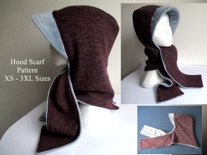 winter reversible hood scarf wrap/ woman jersey chemo hat with fleece lining/ warm head shawl/ double layer headcover with visor/ PDF sewing pattern (XS - 3XL sizes) with photo tutorial/ for woman and girl 