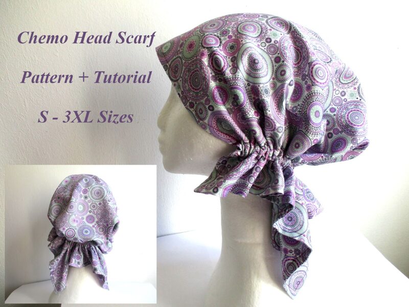cotton satin head scarf/ chemo head cover with elastic/ double layer cancer cap/  sewing pattern PDF + photo tutorial/ for girl and woman, S - 3XL sizes