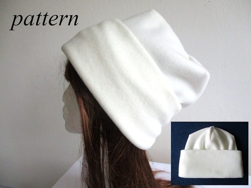 winter fleece beanie with wide roll-up cuff in white, pdf sewing pattern + photo tutorial, for woman and girl, (5 sizes)