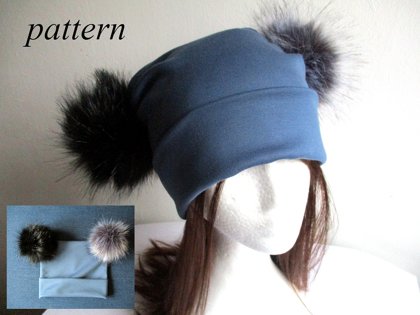 jersey square beanie with two faux fur pom poms in two layers, pdf sewing pattern and photo tutorial, adult to baby (10 sizes)